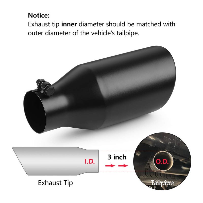 A-KARCK Exhaust Tip 3 Inch Inlet, 3" Inlet 5" Outlet 12" Long Black Coated Finish Muffler Tip for Truck Tailpipe, Stainless Steel Rolled Edge - Image 5
